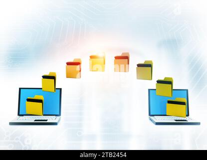 Dateiübertragung. Daten, Datei, Ordner mit Papierdateien. 3D-Abbildung Stockfoto