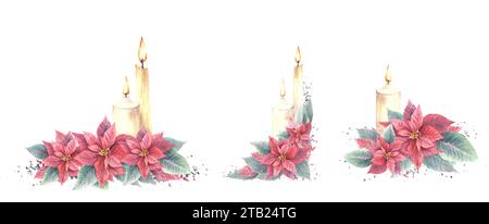 Aquarell gemalt Arrangement Set Rote Weihnachtsstern Blumen, Blätter mit flammenden Kerzen und Spritzer Illustration für Weihnachten, Neujahr Clipart Stockfoto