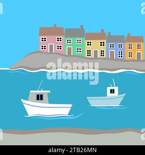 Illustration einer Terrasse mit farbenfrohen Küstenhütten mit Fischerbooten. Das Hafenbild zeigt auch Klippen, türkisfarbenes Meer und hellblauen Himmel. Stockfoto