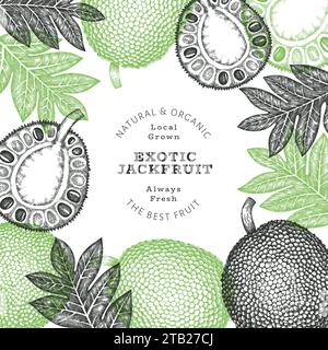 Handgezeichnete Skizze Stil Jackfruit Banner. Organic frisches Obst Vektor-Illustration. Retro Brotfrucht Design Vorlage Stockfoto