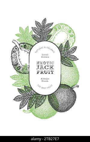 Handgezeichnete Skizze Stil Jackfruit Banner. Organic frisches Obst Vektor-Illustration. Retro Brotfrucht Design Vorlage Stockfoto