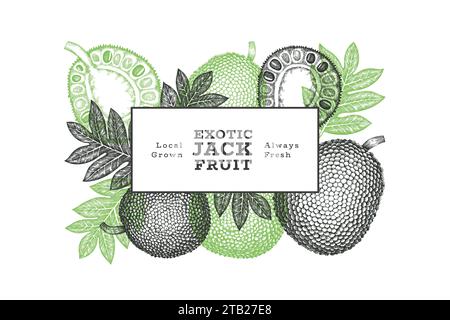 Handgezeichnete Skizze Stil Jackfruit Banner. Organic frisches Obst Vektor-Illustration. Retro Brotfrucht Design Vorlage Stockfoto