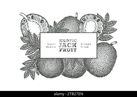 Handgezeichnete Skizze Stil Jackfruit Banner. Organic frisches Obst Vektor-Illustration. Retro Brotfrucht Design Vorlage Stockfoto