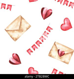 Aquarellmuster zum Valentinstag mit romantischen Postkartenumschlägen und roten Fahnen. Handgezeichnete Textur mit Vintage auf weißem Hintergrund Stockfoto