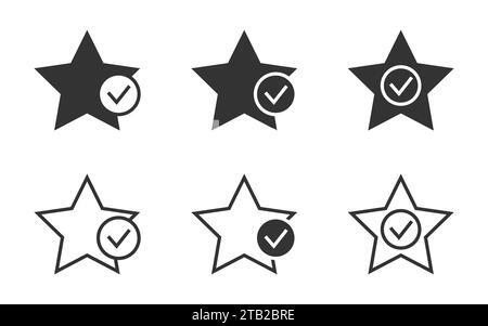 Symbolgruppe der höchsten Unternehmensbewertung. Sternsymbol mit einem Häkchen. Überprüfungssymbol. Vektorabbildung Stock Vektor