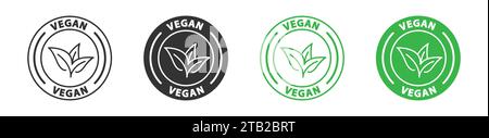 Vegane Ikone. Grüner Stempel mit Blatt und Schriftzug. Symbol „Food Diät“. Vektorabbildung Stock Vektor