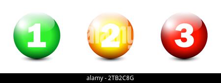 Farbige Tasten mit den Zahlen 1, 2, 3 (eins, zwei, drei). Bunte Zahlensymbole. Illustration des flachen Vektors Stock Vektor