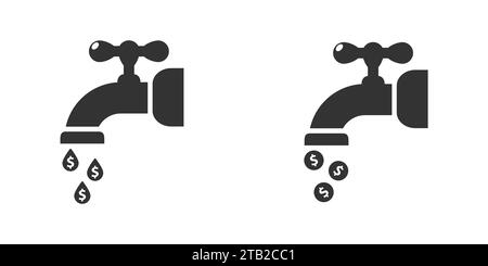Symbol „Wasser sparen“ – Symbol „Geld sparen“. Wassertropfen in Form von Geld, das aus einem Wasserhahn tropft. Wasserhahn mit Münze im Wassertropfen. Flachvektorillustr Stock Vektor