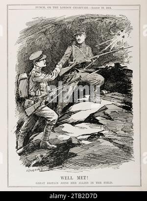 Ein Comic vom August 1914 aus dem Magazin Punch, der die Kriegserklärung Großbritanniens gegen Deutschland (4. August 1914) und den anschließenden Eintritt in den Ersten Weltkrieg markiert. Ein britischer Soldat begrüßt einen französischen Soldaten an der Westfront Stockfoto