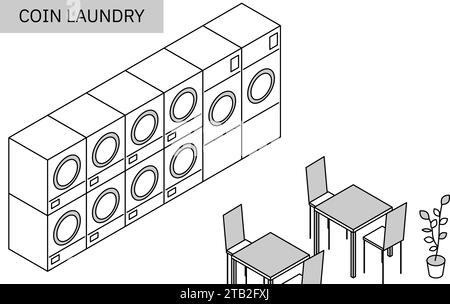 Einfache Linienzeichnung Münzwäsche, isometrische Illustration, Vektor-Illustration Stock Vektor