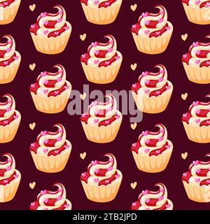 Cupcakes niedliches nahtloses Muster im Cartoon-Stil. Vektor-Illustration Hintergrund mit Kuchen und Herzen. Stock Vektor