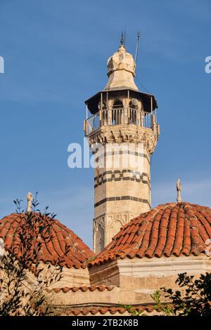 Minarett und gekachelte Kuppeln der Großen Moschee von Adana (Ulu Cami), Adana, Türkei Stockfoto