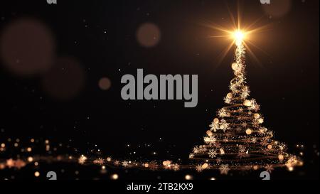 Goldener Weihnachtsbaum mit Partikeln beleuchtet Sterne und Schneeflocken auf Schwarz. Urlaubskonzept und Hintergrund Stockfoto