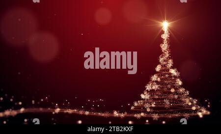 Leuchtend goldene Weihnachtsbaum-Animation mit Partikeln Lichtern Sterne und Schneeflocken auf Rot. Urlaubskonzept und Hintergrund Stockfoto