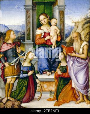 Die Jungfrau und das Kind thront mit der Heiligen Michael, der Heiligen Katharina von Alexandria, der Heiligen Cecilia und der Heiligen Jerome, Gemälde in Öl auf Tafel von Girolamo Marchesi, 1507-1517 Stockfoto