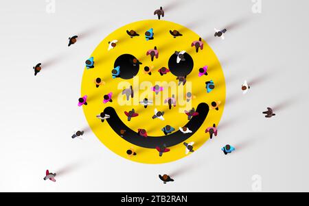 Eine große Gruppe von Leuten, die um ein lächelndes Emoji herum stehen. Menschen drängen sich. Draufsicht. Vektorabbildung Stock Vektor