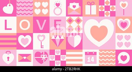 Abstraktes geometrisches Valentinstag-Muster mit einfachen Elementen und Formen. Niedlicher moderner Hintergrund. Vektorabbildung Stock Vektor
