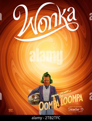 Wonka (2023) von Paul King mit Hugh Grant als Oompa Loompa. Prequel über das frühe Leben von Willie Wonka, der beliebten Kinderfigur aus Roald Dahl's Charlie und der Schokoladenfabrik. Poster mit US-Zeichen***NUR FÜR REDAKTIONELLE ZWECKE***. Quelle: BFA / Warner Bros Stockfoto