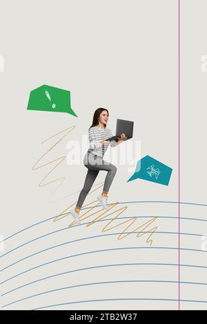 Vertikale kreative Fotocollage von jungen Frauen, die schnell auf Copybook-Linien mit Laptop laufen, Gespräche im Chat auf Zeichenhintergrund führen Stockfoto