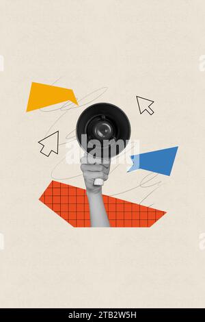 Vertikale kreative surreale Fotocollage der Hand, die Lautsprecher hält Megaphon-Kritzelzeichnung auf beigefarbenem Hintergrund Stockfoto