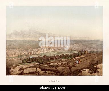 Farbige Illustration von Hebron - eine palästinensische Stadt im südlichen Westjordanland, 30 Kilometer südlich von Jerusalem aus dem Buch: „Sinai und Jerusalem; oder Szenen aus Bibelgebieten“. Von . F. W. Holland: 1870 , herausgegeben von: Society for Promotion Christian Knowledge. Stockfoto