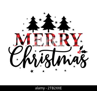 Frohe Weihnachten, frohe Weihnachten - Text mit rotem und schwarzem Schottenmuster. Grußkarte Text Kalligrafie Phrase für Weihnachten oder ot Stock Vektor