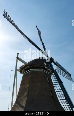 Nahaufnahme der vier Flügel einer traditionellen strohgedeckten niederländischen Windmühle in Hantum Friesland in Silhouette vor blauem Himmel. Die Windmühle wurde 1880 gebaut Stockfoto