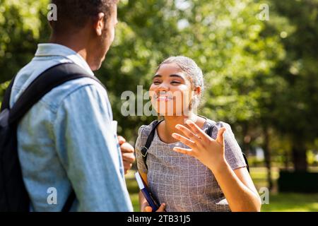 afroamerikanische Freunde teilen ihr Wissen auf dem Universitätscampus an sonnigen Tagen im Park Stockfoto