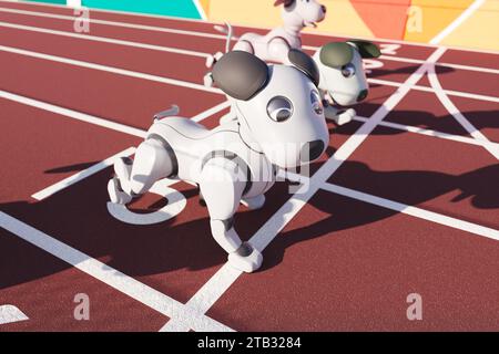 Futuristische Roboterhunde im Wettkampf auf einer modernen Leichtathletik-Rennstrecke Stockfoto