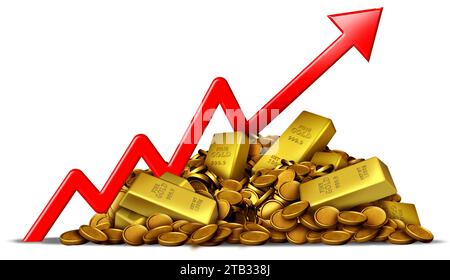 Steigende Goldpreise und höhere Bullion Commodities preisen oder steigen Edelmetalle als Börse, die als Safe-Haven-Vermögenswert oder Wirtschaftsunzerta gehandelt wird Stockfoto