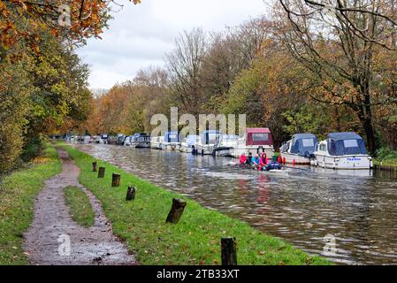 Herbstliche Farben auf dem River Wey Navigation Canal in New Haw Surrey England Großbritannien Stockfoto