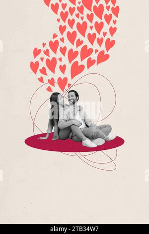 Vertikale Collage Foto von jungen schönen Lächeln Gefühle Datum glückliche Familie Ehemann sitzen Frau Umarmungen Genießen Jahrestag viele Herzen kritzeln gerne auf Zeichnung Stockfoto