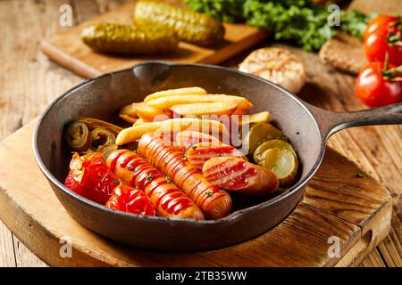 Gegrillte deutsche Würstchen mit Tomaten, Gurke, Pommes Frites Kartoffeln auf einem schwarzen Teller auf dunklem Hintergrund. Stockfoto