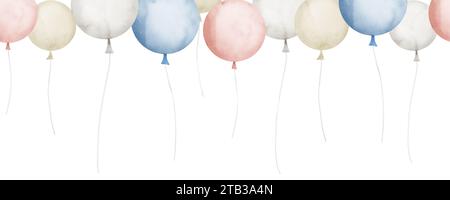 Nahtloser Rahmen mit Luftballons in Pastellblau und Beige. Handgezeichnete Aquarelle für Geburtstagskarten oder Einladungen. Muster für Rahmen auf isoliertem Hintergrund. Stockfoto