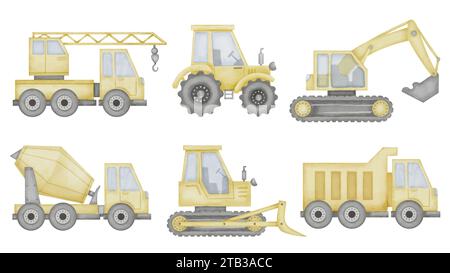 Illustration „Truck Set Aquarell“. Handgezeichnete Clipart von Babyspielzeugautos auf isoliertem Hintergrund. Zugmaschine mit LKW- und Betonmischer-Zeichnung. Skizze eines Autokrans mit Bagger und Planierschild. Stockfoto
