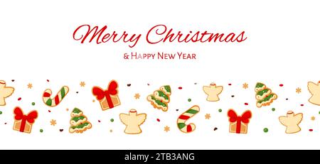 Weihnachten Ingwerkekse horizontale nahtlose Muster Gruß Neujahrskarte flach. Zuckerrohr Geschenk Xmas Baum Engel Schneeflocke Konfetti Zuckerguss Dessert Lebkuchen süß dekoriert Hintergrund Einladung Stock Vektor