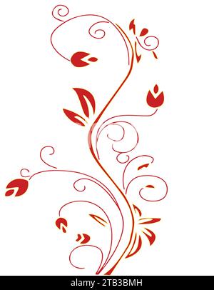 Rote Blüten und rote Blätter an einem roten Stamm. Das Blumenmotiv ist auf weißem Hintergrund Stockfoto