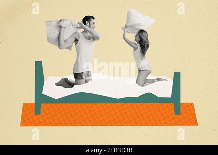 Kreative Collage Bild Illustration lustig glücklich frisch vermählte junge Mann Frau Kissen Schlafzimmer Kampf Merriment zusammen Banner Stockfoto