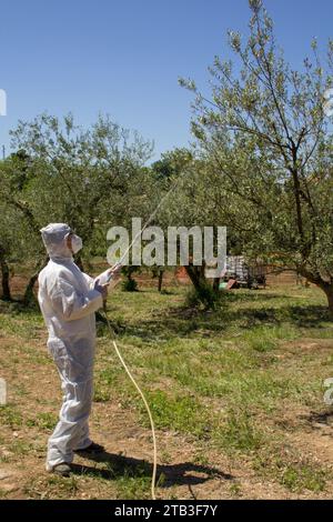 Bild eines Landwirts, der einen Schutzanzug trägt, während er eine Pumpe verwendet, um Pestizide auf einige Pflanzen zu sprühen. Einsatz von Chemikalien in der Landwirtschaft Stockfoto