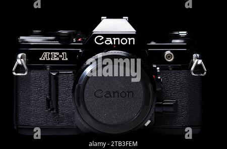 Analoge Kamera Canon AE1. Nahaufnahme technischer Teile. Stockfoto