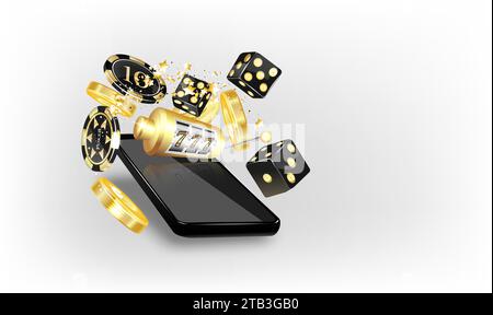 Steckplatz im Smartphone auf weißem Hintergrund. Online-Casino auf Handy. Internet-Glücksspiel-Konzept. Entwerfen Sie ein Poster, um einen realistischen 3D-Vektor zu präsentieren. Stock Vektor