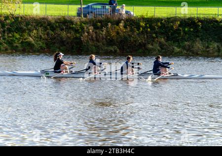 Belfast County Down Northern Ireland, 18. November 2023 – vier weibliche Skulls rudern auf dem Fluss Lagan Stockfoto