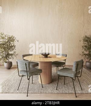 Harmonie im Design. Ein runder Holztisch und gemusterte Stühle stehen vor einer strukturierten Erdwand, die von Olivenbäumen in einem 3D-Putz-Restaurant akzentuiert wird Stockfoto