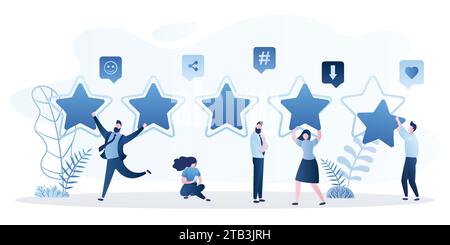 Bewertungskonzept der Kundenbewertung. Fünf-Sterne-Rang und zufriedene Kunden geben Feedback und Rezensionen mit dem Smartphone. Verschiedene Zeichenraten und Gaving s Stock Vektor
