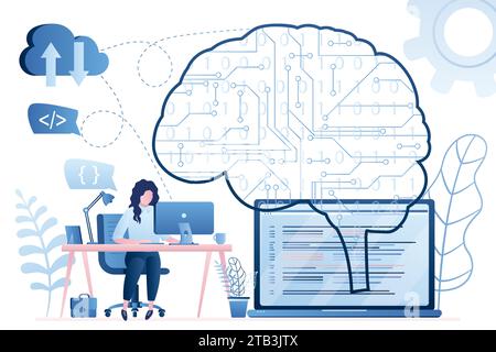 Gehirn mit digitaler Schaltung und weiblicher Programmiererin am Arbeitsplatz. Laptop-Display mit Zeilen des Maschinencodes. Maschinelles Lernen, künstliche Intelligenz. D Stock Vektor