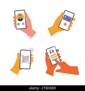 Hände halten das Mobiltelefon mit verschiedenen Apps. Kontaktlose Bezahlung, Videoanrufe, qr-Code-Scannen, Benutzerdaten registrieren. Vektor. Stock Vektor