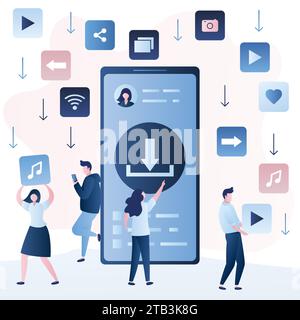 Hintergrund für kostenloses Download-Konzept. Banner mit Hochladezeichen auf dem Smartphone-Bildschirm. Dateiübertragung und -Freigabe. Verschiedene Anwendungsschilder. Personencharakter Stock Vektor