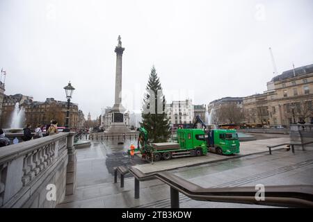 London, England, Großbritannien. Dezember 2023. Der traditionelle Weihnachtsbaum wird am Trafalgar Square installiert. (Kreditbild: © Tayfun Salci/ZUMA Press Wire) NUR REDAKTIONELLE VERWENDUNG! Nicht für kommerzielle ZWECKE! Quelle: ZUMA Press, Inc./Alamy Live News Stockfoto