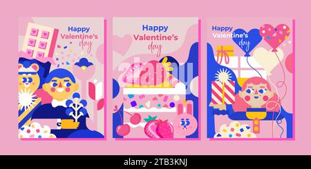 3 pinkfarbene Vorlagen zum Valentinstag. Modernes flaches Design, Geschenke, Süßigkeiten, Kugeln, Herzen und Liebe. Die Abbildung eignet sich für Grußworte und vieles mehr Stock Vektor