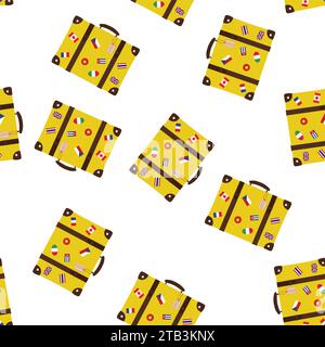 Nahtloses Muster mit Retro-Koffer. Vintage-Gepäck mit Aufklebern, Fahnen und Etiketten. Textur isoliert auf weißem Hintergrund. Illustration des flachen Vektors Stock Vektor